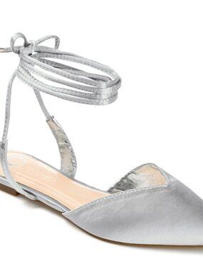 Journee Theia Ankle-Tie Pointed Flat Shoes - Silver, Size 9